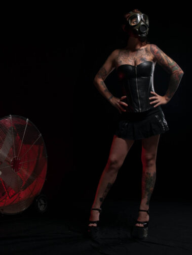 Mandei Mayhem wearing gas mask